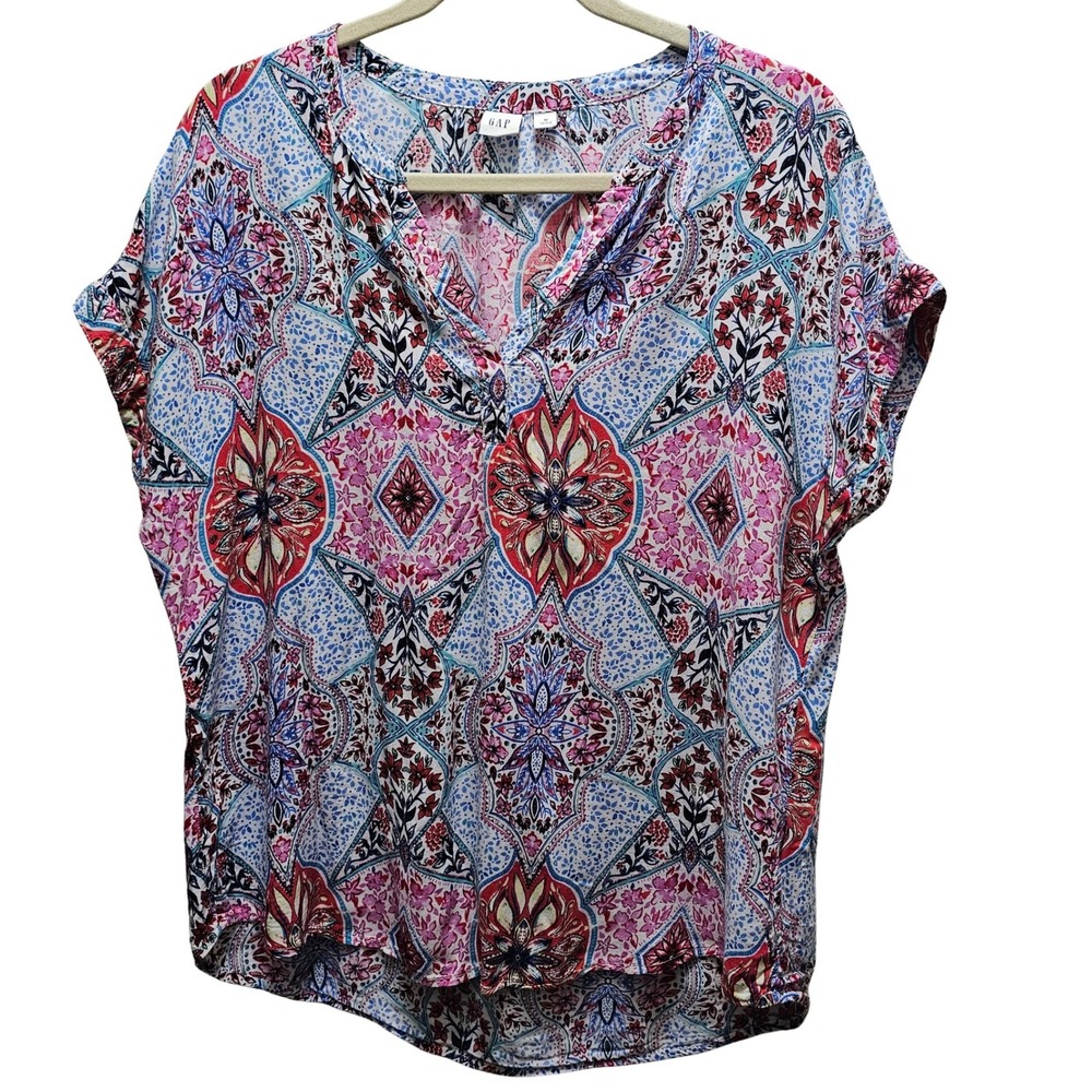 Gap Womens Medium Blue Pink Medallion‎ Floral Split Neck Rayon Blouse Top